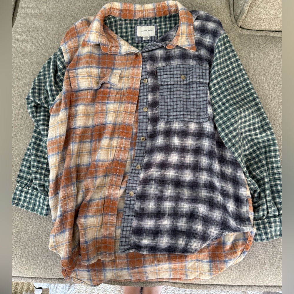 American Eagle Outfitters Men's Plaid Patchwork Shirt - Blue, Green, Orange
